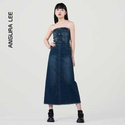 春夏經(jīng)典水洗復古深藍女裝牛仔裹胸緊身連衣裙