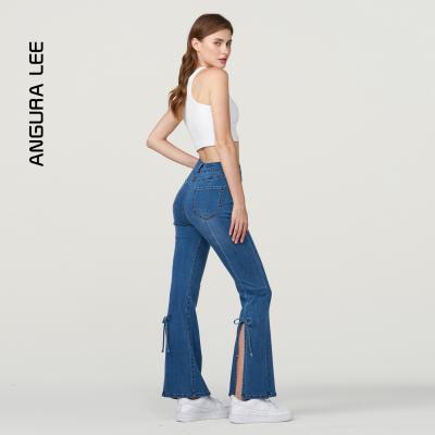 春夏經(jīng)典水洗中藍(lán)女裝牛仔高腰緊身喇叭褲
