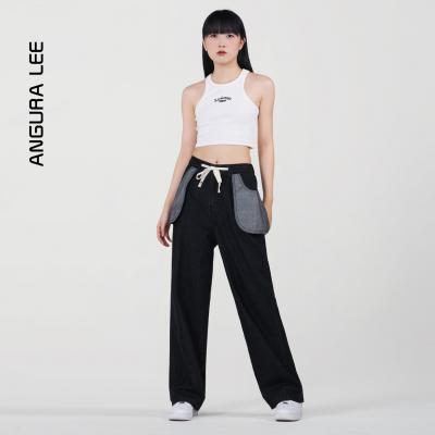 秋冬經典水洗黑女裝休閑牛仔高腰直筒闊腿