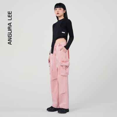 春夏經典水洗粉紅女裝牛仔高腰工裝直筒闊腿褲