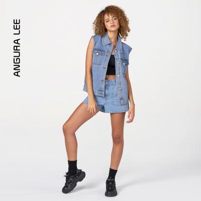 春夏經(jīng)典水洗中褲藍(lán)女裝牛仔寬松馬甲