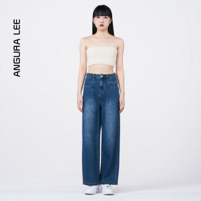 春夏經典水洗中褲藍女裝牛仔高腰直筒闊腿